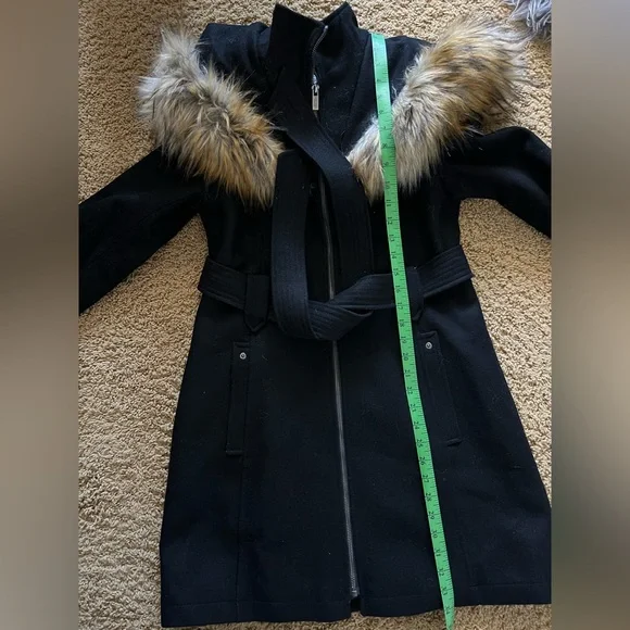 RACHEL Rachel Roy Black Wool Blend Trench Coat with Fur Trim - Picture 10 of 11